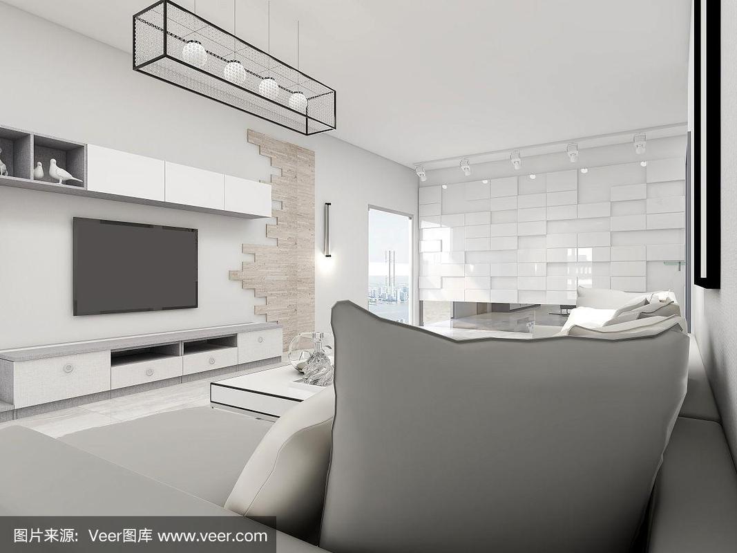 3d效果图,现代住宅宽敞的客厅设计,配有沙发,茶几,装饰画等